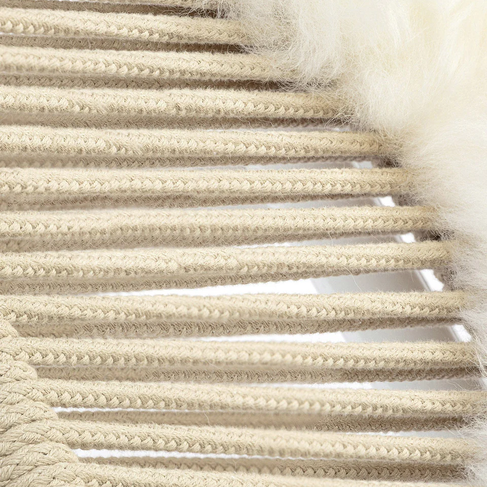 White Coated Steel Frame Rope Deck Chair - Comfortable Lazy Lounge Chair with Faux Fur Cushion - Minimalist Salon Settee with Tan Leather Pillow