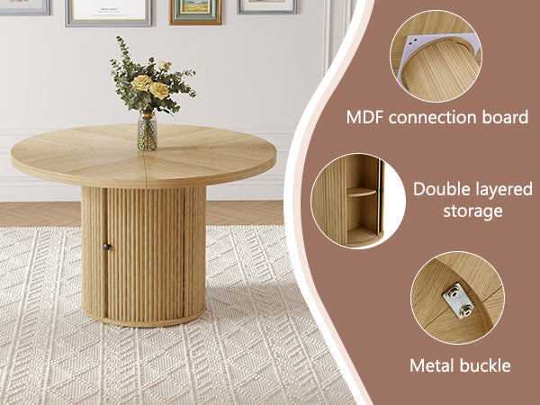 47.2-inch round wooden-style dining table with double-layer storage design and Roman column shape - featuring classic wood grain finish, it creates an eternal and elegant atmosphere for your living