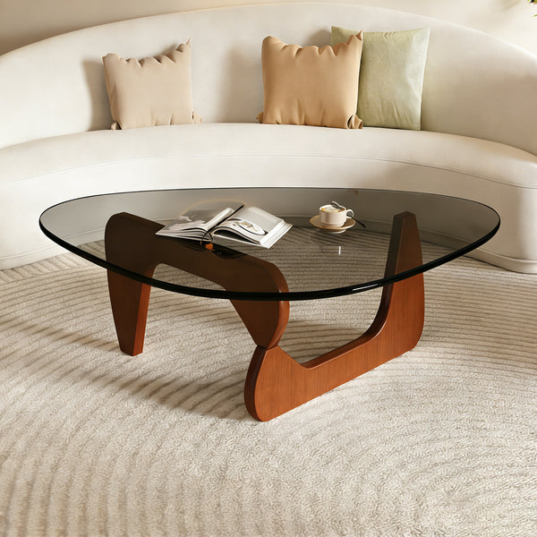 Modern Glass Coffee Table, 35.8" x 25.6" x 15.7" Mid Century Modern Coffee Table, Sleek Coffee Tables, Suitable for Bedroom Living Room Reception Office Tables, Walnut