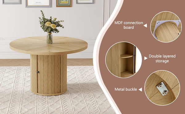 47.2-inch round wooden-style dining table with double-layer storage design and Roman column shape - featuring classic wood grain finish, it creates an eternal and elegant atmosphere for your living