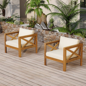 Patio Conversation Set, Outdoor Wood Conversation Seat(Set of 2),Armchair with Cushions,Foldable Acacia Wood Side Table,Teak Finish,Beige Cushion