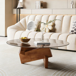 Modern Round Coffee Table for Living Room, 27.5" x 27.5" x 12.2" Mid Century Center Table with Tempered Glass Top and Wood, Walnut