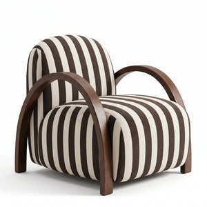 Art Deco Striped Accent Chair with Sculptural Curved Wood Arms