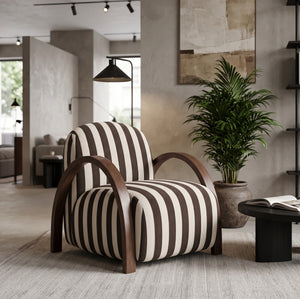 Art Deco Striped Accent Chair with Sculptural Curved Wood Arms