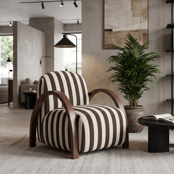 Art Deco Striped Accent Chair with Sculptural Curved Wood Arms