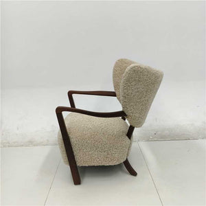 Modern Cream Bouclé Accent Chair with Solid Walnut Arms - Mid-Century Shearling Lounge Chair - Cozy Tufted Wingback Reading Chair for Living Room & Bedroom