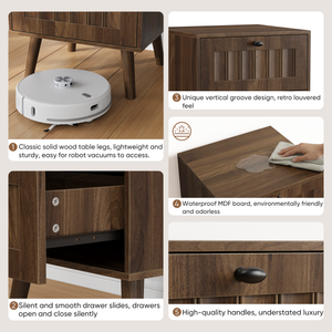 Medieval-style modern double-drawer bedside table with solid wood legs, bedroom bedside table, bedroom side table, 15.75 x 15.75 x 22.64 inches, walnut color, 2-pack