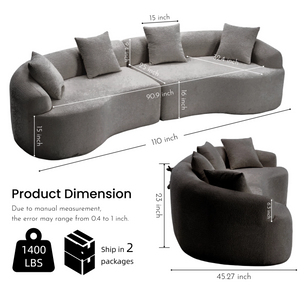 Curved Boneless Sofa,Compression Modular 110'' Sectional,White High-Density,Couches Sleeper for Living Room Bedroom Apartment Lounge,Chenille