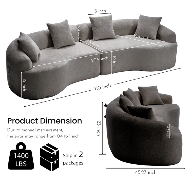 Curved Boneless Sofa,Compression Modular 110'' Sectional,White High-Density,Couches Sleeper for Living Room Bedroom Apartment Lounge,Chenille