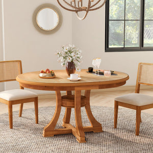 Extendable Round Rubber Wood Dining Table, 47 inch to 59 inch Adjustable Length Kitchen Table, for Home, Restaurant, Cafe, Space-Saving Design