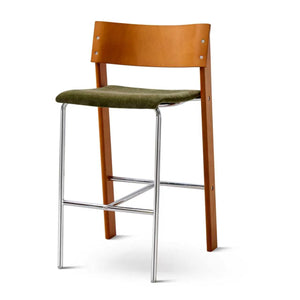 Mid-Century Modern Beech Wood Bar Stool with Chrome Frame