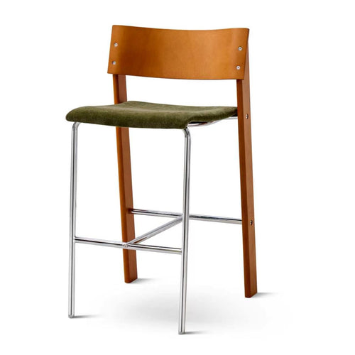 Mid-Century Modern Beech Wood Bar Stool with Chrome Frame