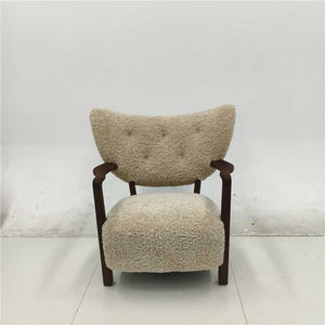 Modern Cream Bouclé Accent Chair with Solid Walnut Arms - Mid-Century Shearling Lounge Chair - Cozy Tufted Wingback Reading Chair for Living Room & Bedroom