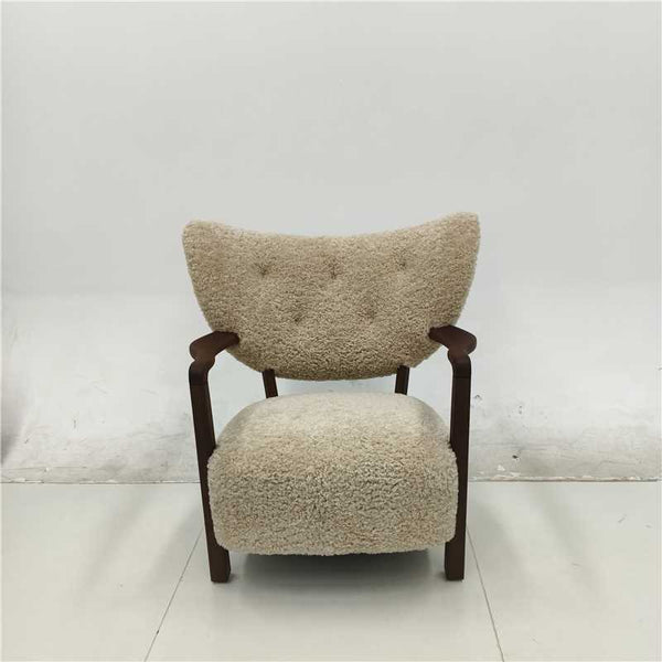 Modern Cream Bouclé Accent Chair with Solid Walnut Arms - Mid-Century Shearling Lounge Chair - Cozy Tufted Wingback Reading Chair for Living Room & Bedroom