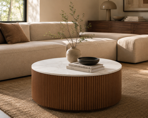 Modern Round Sintered Stone Coffee Table – Fluted Roman Column Wood Base