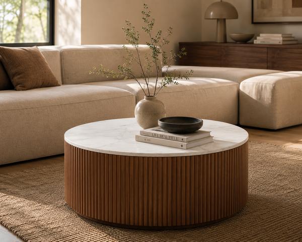 Modern Round Sintered Stone Coffee Table – Fluted Roman Column Wood Base