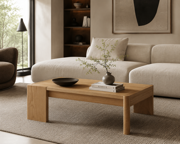 Modern Solid Wood Coffee Table with Asymmetrical Legs – Minimalist Rectangular Center Table