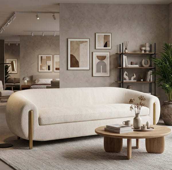 Cream sofa with brass legs styled in showroom