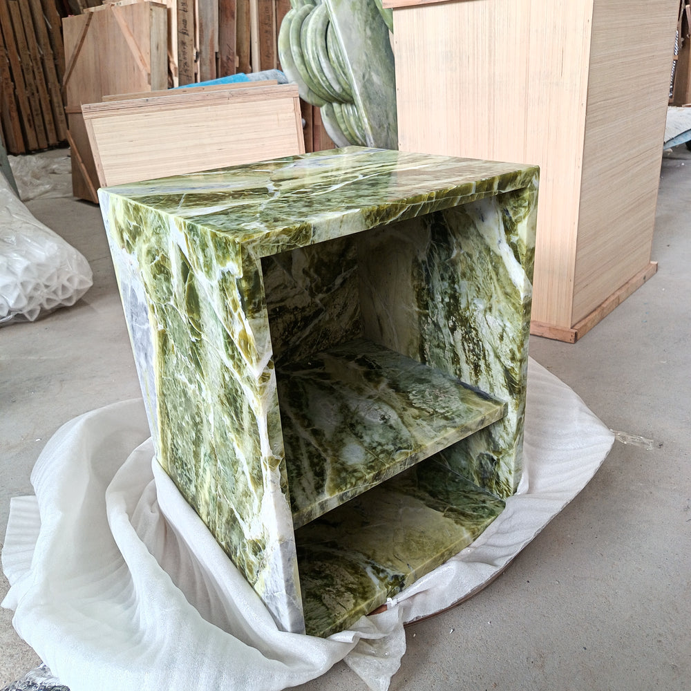Luxurious Green Marble Cube Side Table – Modern Verde Alpi Display Shelf & Minimalist Nightstand with Open Storage
