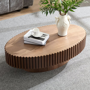 Modern Handcraft Drum Coffee Table Length 43.7 inch Ellipse Coffee Table for Living Room,Oval Small Coffee Table with Sturdy Pedestal,Walnut MDF,W2582P251185