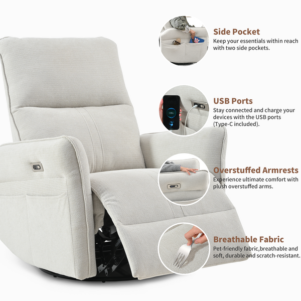 270° Power Swivel Rocker Recliner Chair for Adults, Swivel Rocking Recliner Chair,Electric Small Recliners for Small Spaces, Single Sofa Recliner for Living Room, Bedroom,RV (Fabric Gray+270°Swivel)