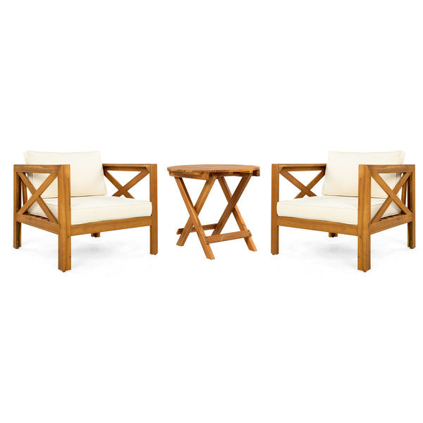 Patio Conversation Set, Outdoor Wood Conversation Seat(Set of 2),Armchair with Cushions,Foldable Acacia Wood Side Table,Teak Finish,Beige Cushion