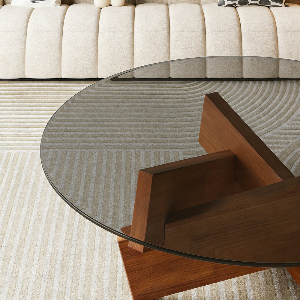 Modern Round Coffee Table for Living Room, 27.5" x 27.5" x 12.2" Mid Century Center Table with Tempered Glass Top and Wood, Walnut