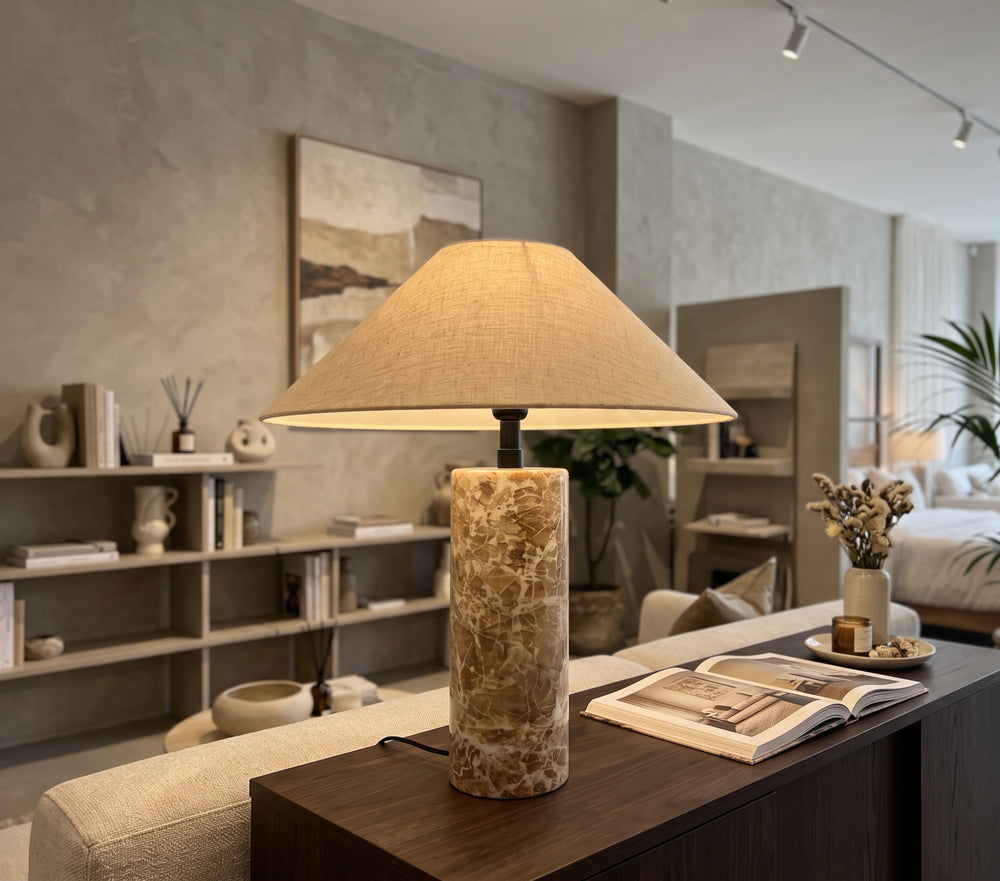 Earthy Cylinder Stone Table Lamp – Mid-Century Inspired Travertine Style Lamp – Neutral Japandi Bedside Light