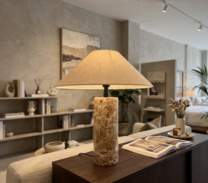 Earthy Cylinder Stone Table Lamp – Mid-Century Inspired Travertine Style Lamp – Neutral Japandi Bedside Light