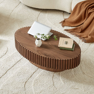 Modern Handcraft Drum Coffee Table Length 43.7 inch Ellipse Coffee Table for Living Room,Oval Small Coffee Table with Sturdy Pedestal,Walnut MDF,W2582P251185