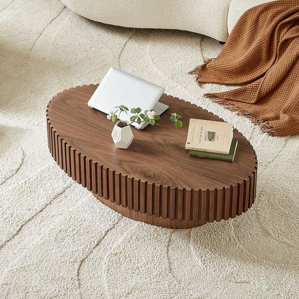 Modern Handcraft Drum Coffee Table Length 43.7 inch Ellipse Coffee Table for Living Room,Oval Small Coffee Table with Sturdy Pedestal,Walnut MDF,W2582P251185