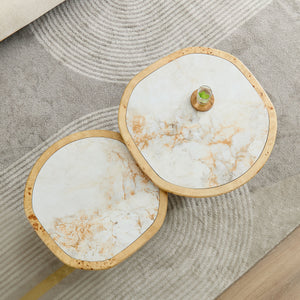 Irregular Coffee Table set, 2pcs burl Wood Veneer Coffee Table,Sintered Stone Tabletop Table with Sturdy MDF Pedestal, Rounded Sofa Side Table for living Room,Office