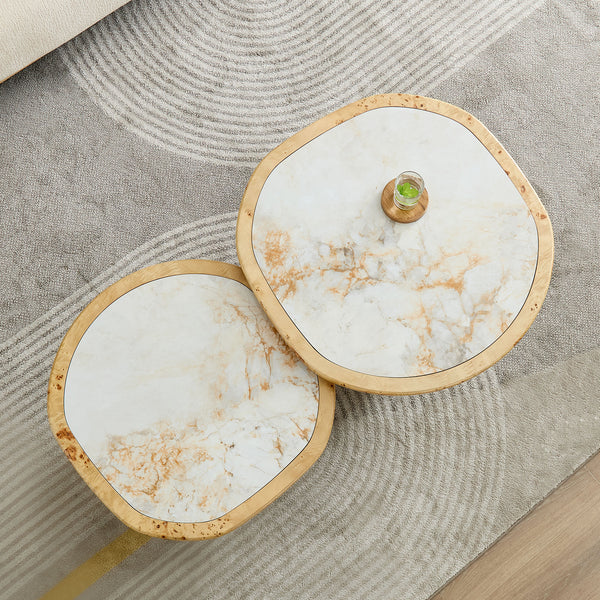 Irregular Coffee Table set, 2pcs burl Wood Veneer Coffee Table,Sintered Stone Tabletop Table with Sturdy MDF Pedestal, Rounded Sofa Side Table for living Room,Office
