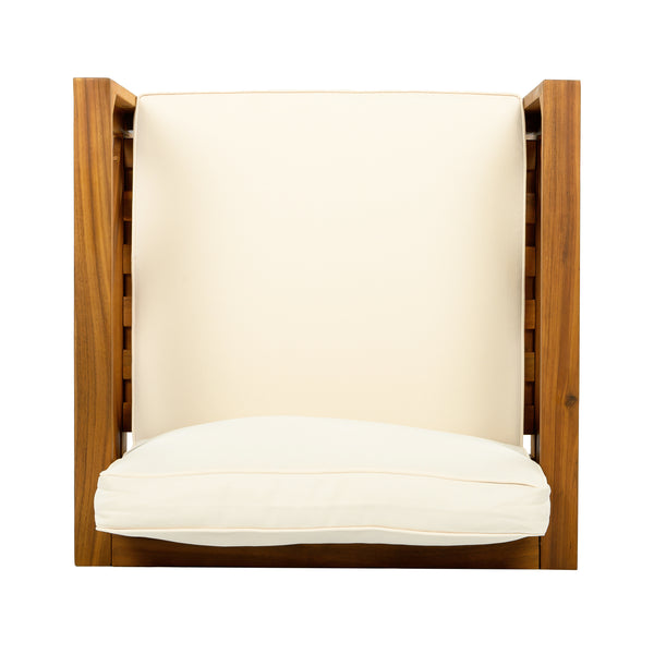 Patio Conversation Set, Outdoor Wood Conversation Seat(Set of 2),Armchair with Cushions,Foldable Acacia Wood Side Table,Teak Finish,Beige Cushion