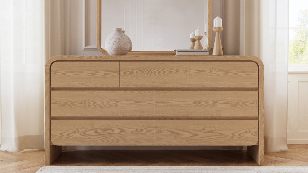 Modern 68-Inch Ash Wood 7-Drawer Dresser, Bedroom Storage Cabinet