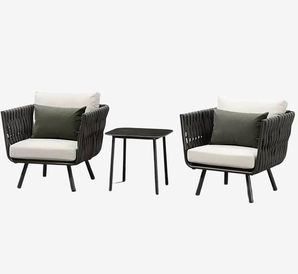 Contemporary Outdoor Balcony Bistro Set - 2 Woven Rope Club Chairs & Coffee Table