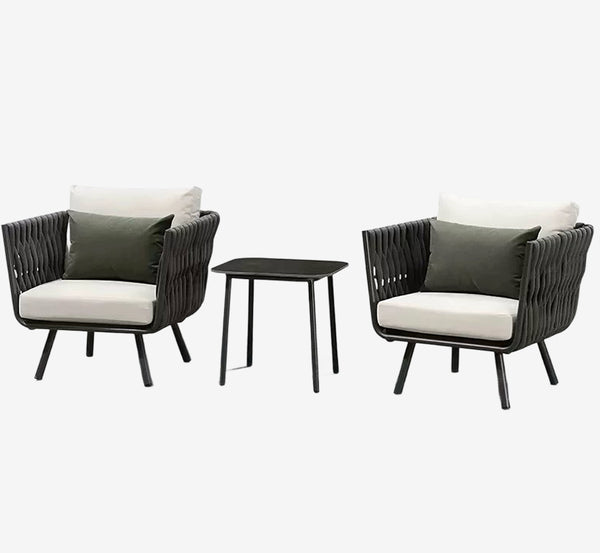 Contemporary Outdoor Balcony Bistro Set - 2 Woven Rope Club Chairs & Coffee Table
