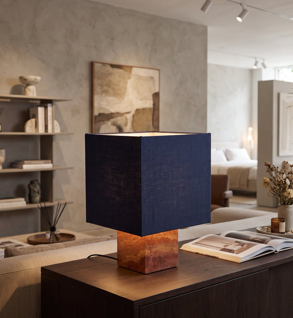 Geometric Red Stone Block Accent Lamp — Travertine Base & Fabric Shade