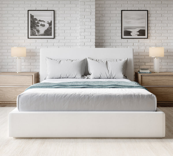 One Modern Upholstered Platform Bed in Pearl