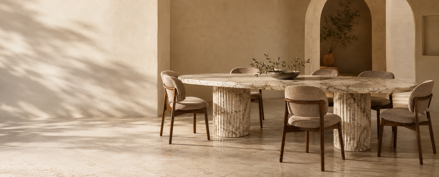 Marble dining tables at Pacific Nook Redmond showroom