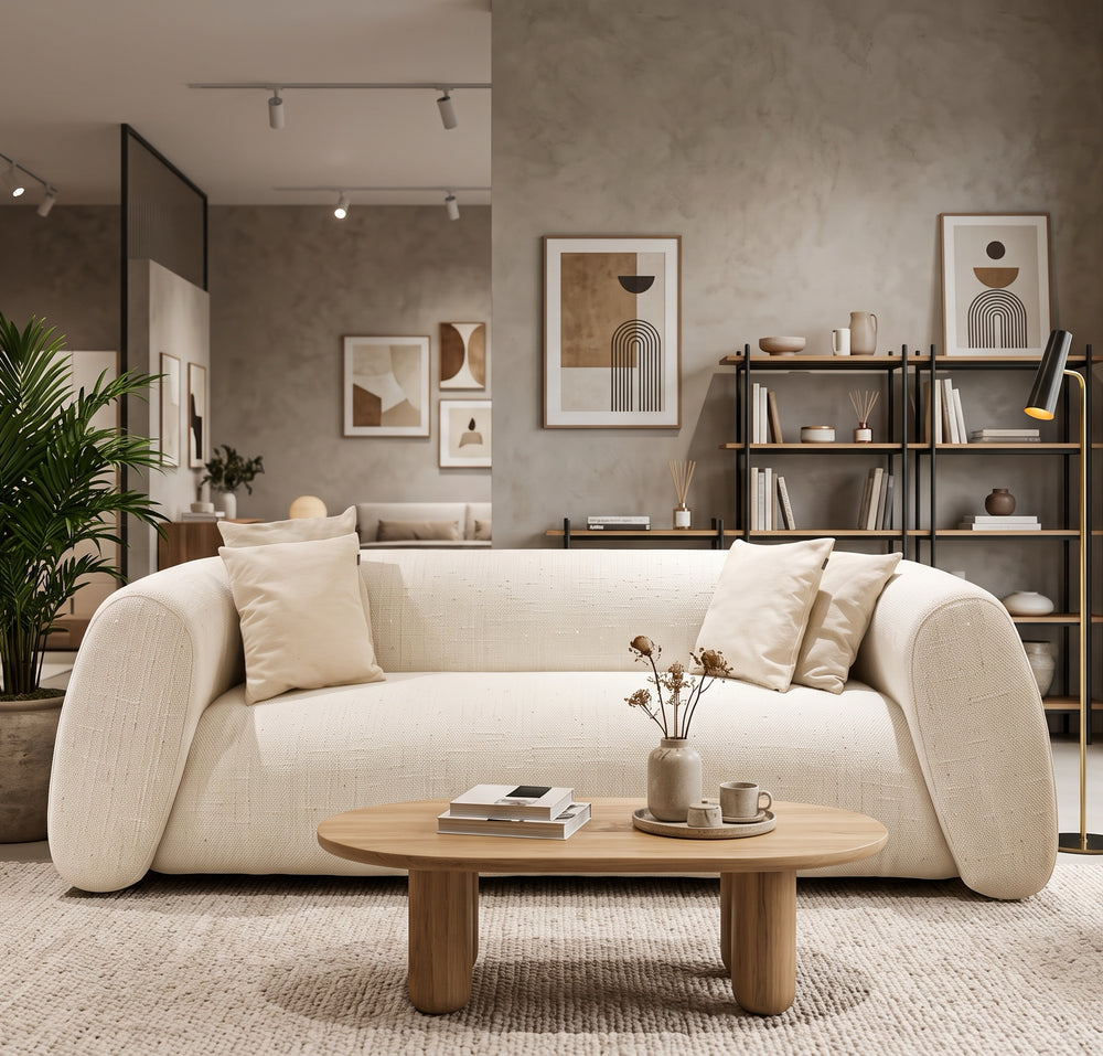 Modern 95" Cream Curved 3-Seater Sofa with Sloping Arms
