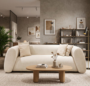 Modern 95" Cream Curved 3-Seater Sofa with Sloping Arms
