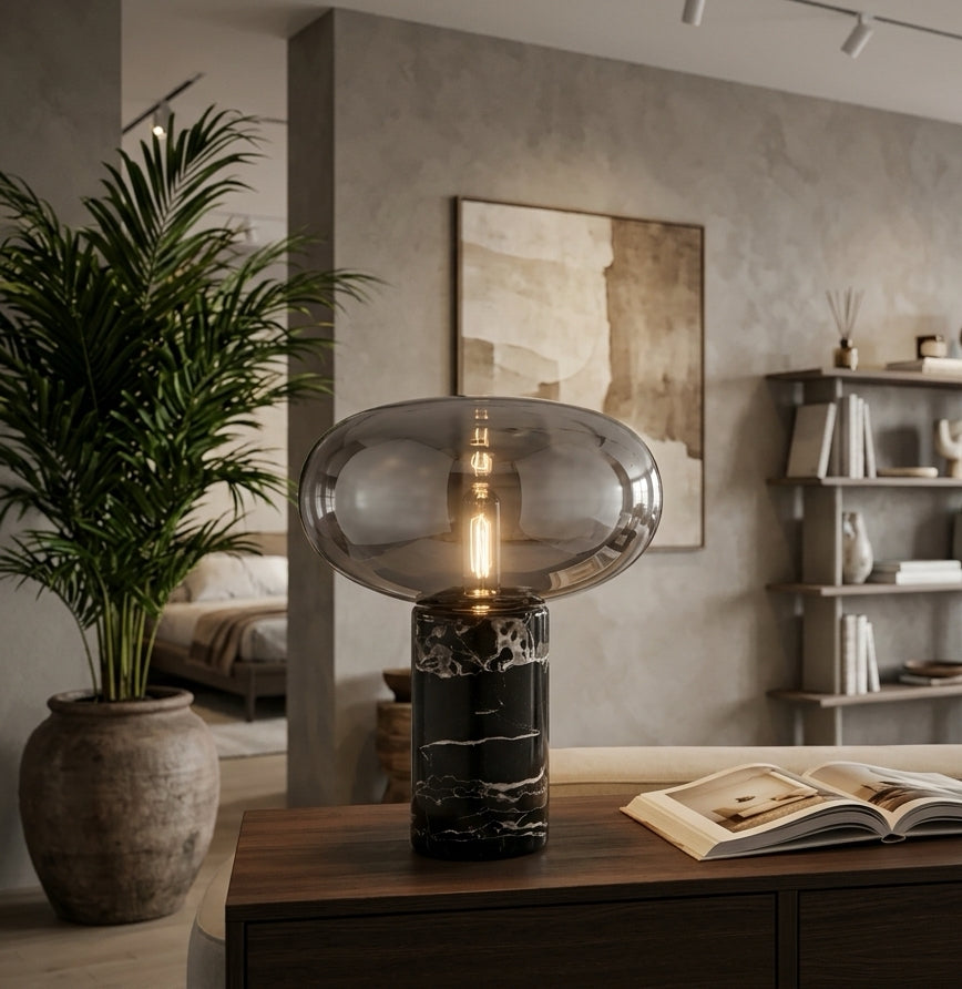Modern Black Marble & Smoked Glass Table Lamp for Bedside