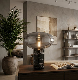 Modern Black Marble & Smoked Glass Table Lamp for Bedside