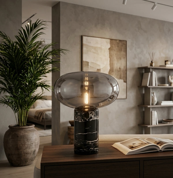 Modern Black Marble & Smoked Glass Table Lamp for Bedside