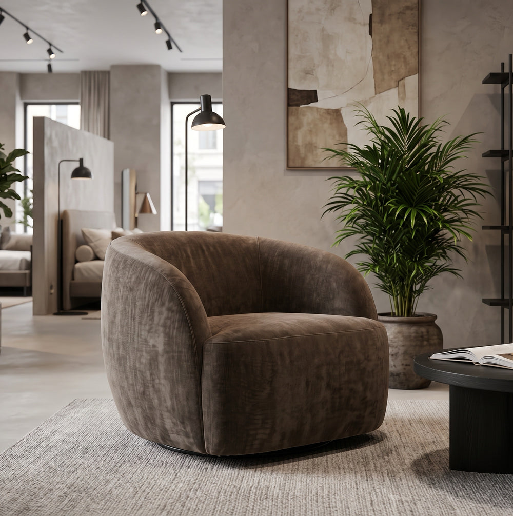 Modern Curved Swivel Barrel Chair | Upholstered Round Accent Chair