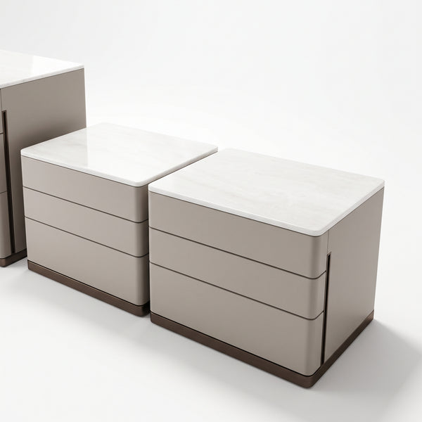 Modern Faux Leather Nightstand with Ice Jade Marble Top