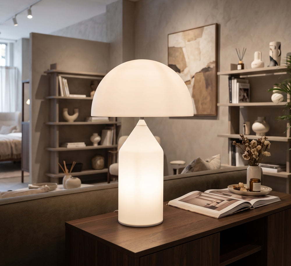 Modern Frosted Glass Mushroom Table Lamp – All-White Minimalist Dome Light with Glowing Translucent Base