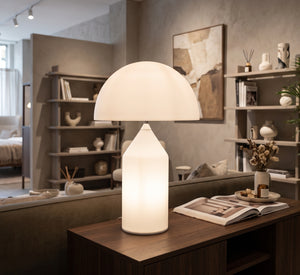 Modern Frosted Glass Mushroom Table Lamp – All-White Minimalist Dome Light with Glowing Translucent Base
