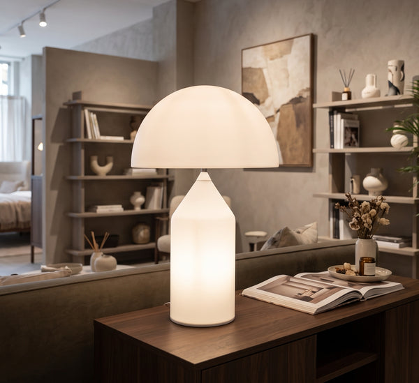 Modern Frosted Glass Mushroom Table Lamp – All-White Minimalist Dome Light with Glowing Translucent Base
